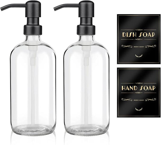 ARKTEK 2 Pack Refillable Glass Soap Dispenser - Rust Proof Stainless Steel Pump, 17 Oz/ 500 ML, Black