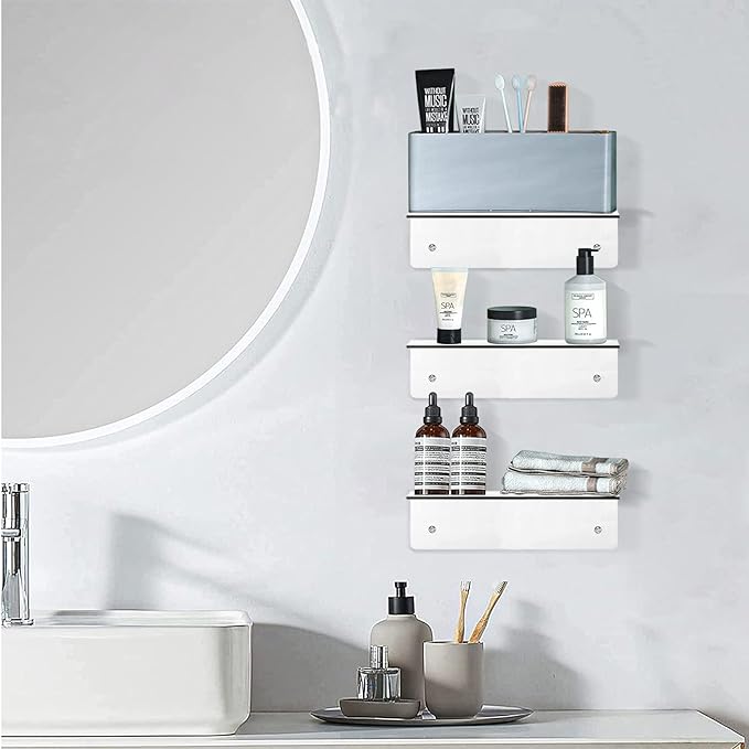 9 Inch Acrylic Floating Shelf, No Drill Adhesive Wall Shelf Set of 4 for Storage, Floating Shelves Damage-Free Expand Wall Space for Living Room, Office, Gaming Room, Bathroom