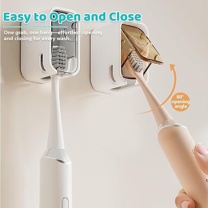 4 Pack Toothbrush Holders for Bathroom, Self Adhesive Wall Mounted Toothbrush Holder with Cover, Single Toothbrush Dispenser Storage Organizer for Family, Travel, Waterproof and Dustproof (Grey)