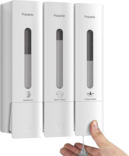 1984 Shower Soap Dispenser Bathroom Set Shampoo Conditioner Body Wash Dispenser Wall Mounted Shower Shampoo Dispenser 3 Chamber No Drill for Home Star Hotel 3 x 400ml White