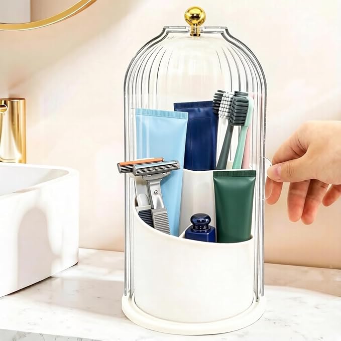 Toothbrush Holder Sliding Lid, 360° Rotating Bathroom Counter Organizer and Storage, Toothbrush and Toothpaste Holder for Bathroom Countertop, Makeup Brush Organizers for Vanity