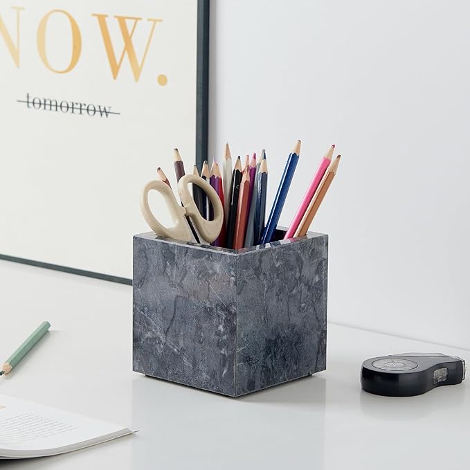 Real Luxurious Natural Marble Toothbrush Holder & Makeup Brush Organizer & Pen Holder for Desk,3.93inch Square Marble Utensil Holder Non-Ceramic/Non-Resin （Gray）