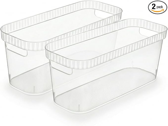 Tribello Narrow Storage Bins – Slim, Clear Plastic Storage Basket, Clear Organizer for Tight Spaces (2 Pack, 15” x 6” x 6”)