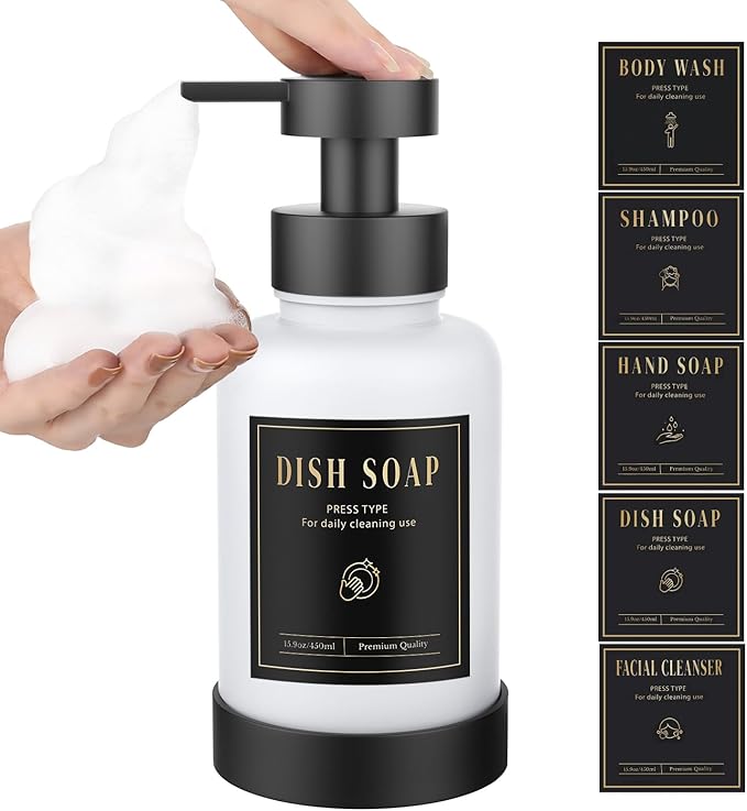 Luxspire Foaming Soap Dispenser, Glass Foam Pump Soap Dispenser, Non-Slip Hand Soap Bottle with 5 Waterproof Labels, 15 Oz Refillable Liquid Soap Bottle for Bathroom & Kitchen, White, 1 Pack