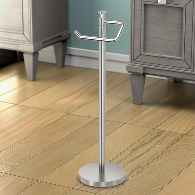 Gatco 1435SN Freestanding Toilet Paper Holder, 23.68” H, Satin Nickel Toilet Tissue Roll Holder Stand With Weighted and Padded Base For Bathroom