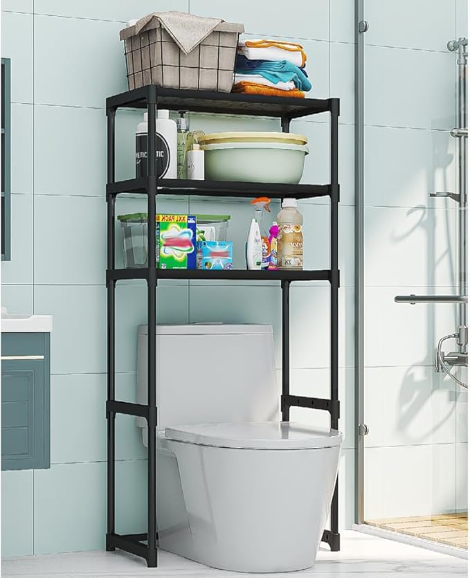 3-Tier Over The Toilet Storage Rack, Freestanding Bathroom Space Saver Shelves with Sturdy Iron Frame - Waterproof, Easy Assembly for Bathroom, Laundry Room, Kitchen