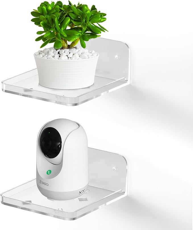 Acrylic Small Wall Mount Floating Camera Shelf 2 Pack Baby Monitor Holder, Echo Dot 5th Wall Mount Storage, Clear Mini Flexible Shelf for Bathroom, Bedroom, Kitchen