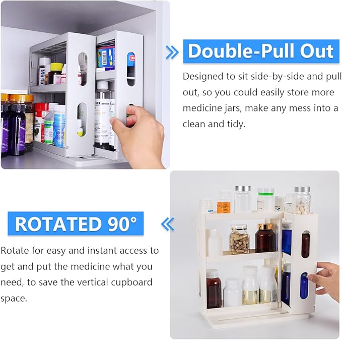 Dutiplus 3-Tier Medicine Organizer Cabinet Storage Rack with Pull-and-Rotate Design for Holding Vitamins, Supplements, Cosmetics 10.82" H x 5.82" W x 10.43" D (Creamy White)