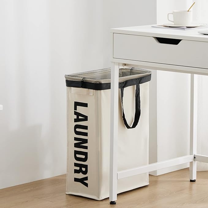 Slim Laundry Hamper with Removable Inner Bag and Side Handles, 45L Small Laundry Baskets to Store Clothes, Narrow Dirty Clothes Hamper for Laundry Room, Bathroom, Bedroom, and Living Room - Beige