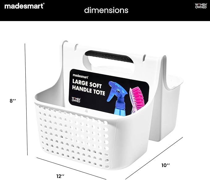 madesmart Large Soft Handle Tote, Portable Shower Caddy and Cleaning Supply Organizer, BPA-Free Plastic Storage Basket with Soft Grip Handle and Ventilation, 12 x 10 x 8 Inches, White