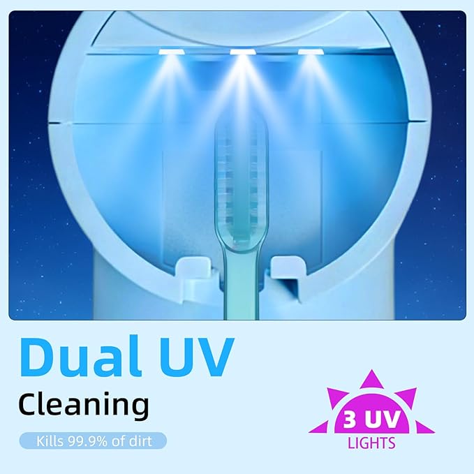 Wall Mounted Toothbrush Holder for Bathroom, Electric Toothbrush Organizer with Smart Lid Sensor, UV Light Care & Heated Air Drying, Magnetic Cup & Toothpaste Storage (Blue)