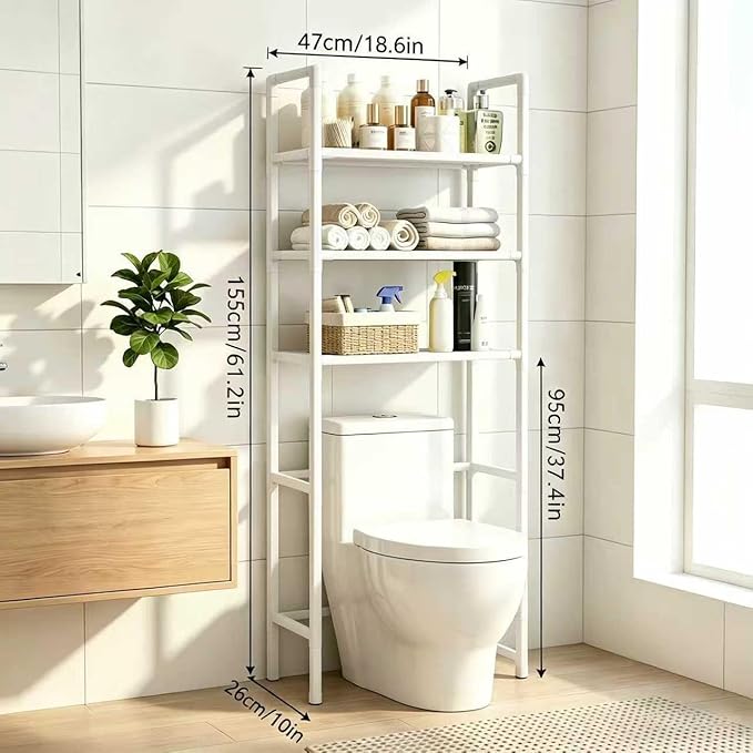 Renyqatt Over the Toilet Storage, 3-Tier Bathroom Organizer, Freestanding Above Toilet Shelf with Adjustable Feet, Space Saving, Easy Assembly, Carbon Steel Shelf, 61" H, White