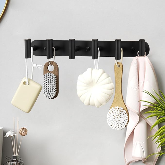 Coat Hook Rack, Wall Mounted Coat Rack with 12 Hooks, Heavy Duty Towel Hooks Rack Wall Hooks for Hanging Clothes, Stainless Steel Coat Hanger for Bathroom Entryway Mudroom(Matte Black)