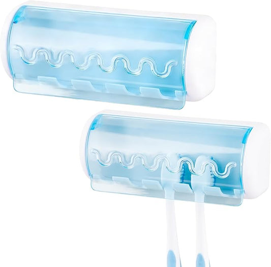 2 PCS Self Adhesive Toothbrush Holder with Cover for Bathroom, 5-Slot Wall Mounted Toothbrush Organizer Rack for Shower, Dorm, Cabinet