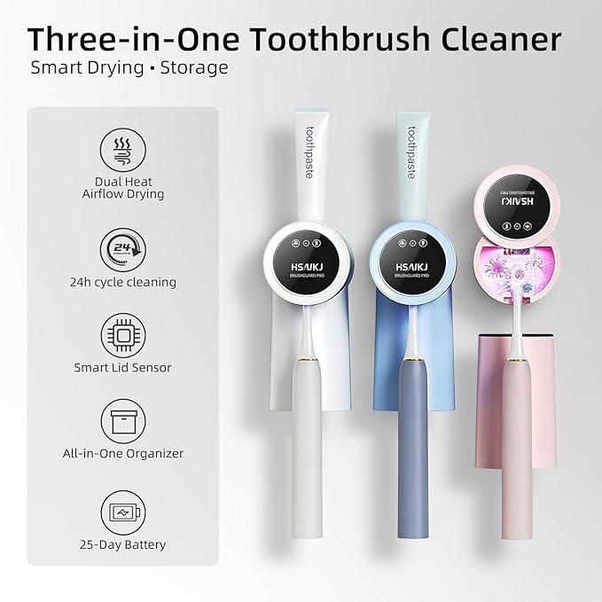 Wall Mounted Toothbrush Holder for Bathroom, 3-in-1 Electric Toothbrush Organizer for Personal Use, Smart Sensor Lid, Fast Drying, Aesthetic Bathroom Organizer with Magnetic Cup (Pink)