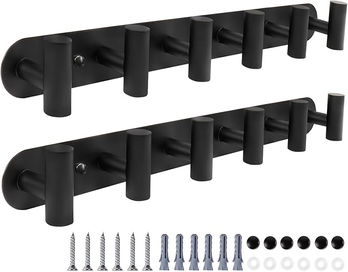 Coat Hook Rack, Wall Mounted Coat Rack with 12 Hooks, Heavy Duty Towel Hooks Rack Wall Hooks for Hanging Clothes, Stainless Steel Coat Hanger for Bathroom Entryway Mudroom(Matte Black)