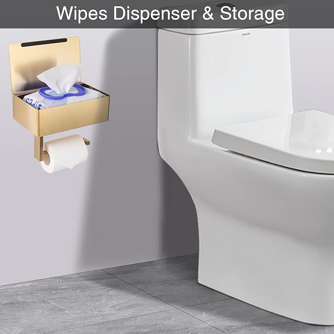 Adhesive Toilet Paper Holder with Shelf and Storage, Wall Mount Toilet Paper Roll Holder & Flushable Wipes Dispenser Set Fits Any Bathroom, Stainless Steel Tissue Holder-Square, Gold