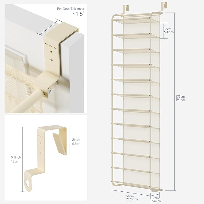 Whitmor 36 Pair Over The Door Shoe Organizer, 12 Tier Hanging Shoe Organizer, Heavy Duty Metal & Mesh Shoe Holder, Hanging Shoe Rack for Closet Organizer & Storage, 74"L x 21.7"W x 7.5"H, Beige