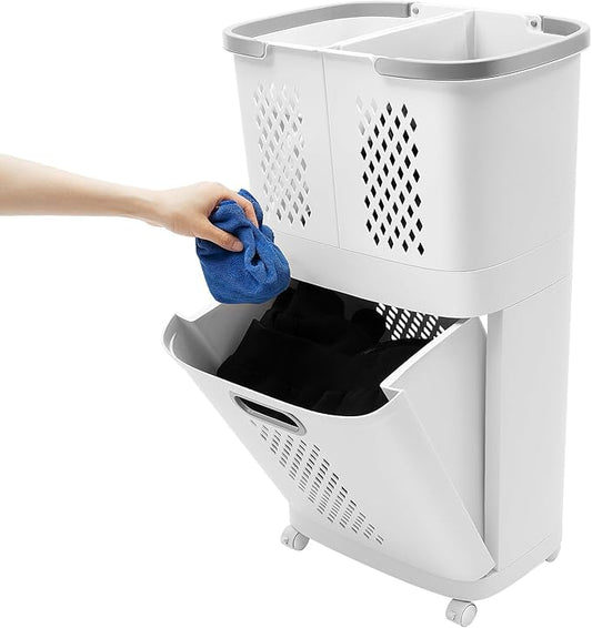 3-Layer Rolling Laundry Hamper,Removable Clothes Hamper Organizer with Wheels, Thick Storage Rack Classification Compact,Tiered Hamper 4 Partitions for Bedroom Laundry Room Bathroom(17x12in)