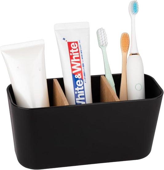 Toothbrush Holders for Bathrooms, Bamboo Tooth Brush Holder with 3 Slots Bathroom Vanity Organizer Countertop for Electric Toothbrushes, Toothpaste, Razors - Black