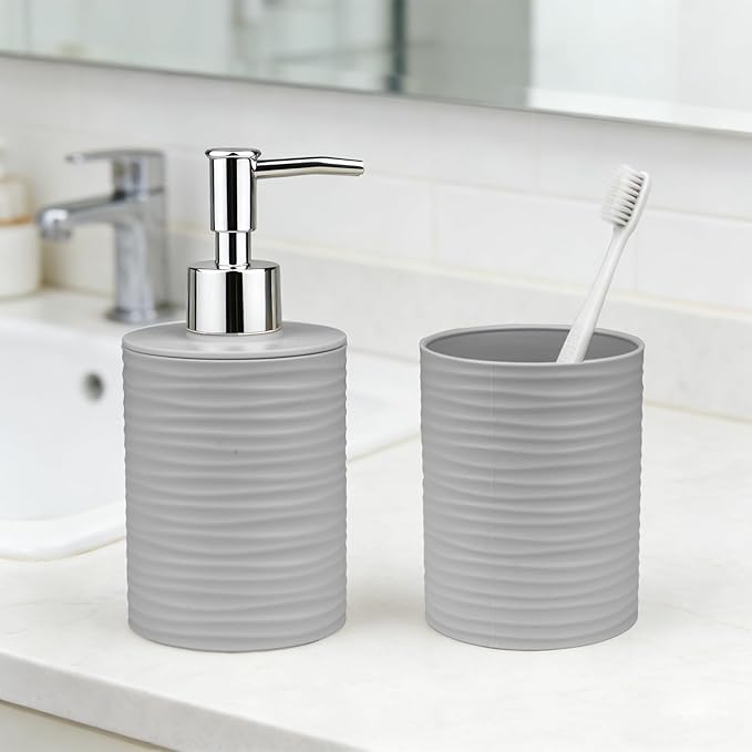 Bathroom Accessories Set, 2-Piece Gray Soap Dispenser & Toothbrush Holder with Ripple Texture & Rust-Proof Pump, Modern Matte Organization