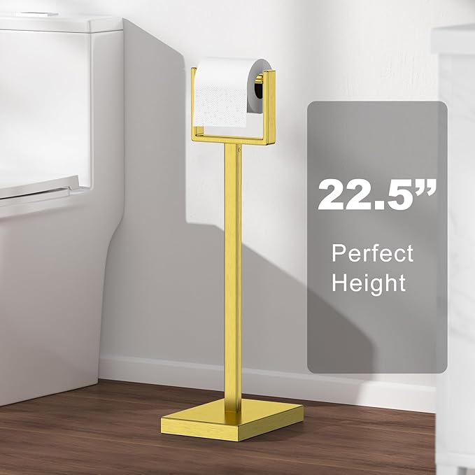 Brass Gold Toilet Paper Holder Stand，Stainless Steel Toilet Paper Holder Free Standing，Stable Weighted Base Floor Tissue Roll Holder for Bathroom，Modern Pivoting Toilet Paper Stand