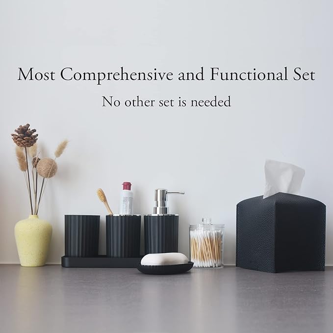 Bathroom Accessory Set - 10 Piece Black Bathroom Accessories Set with Trash Can, Toothbrush Holder and Cup, Soap Dispenser, Soap Dish, Toilet Brush Holder, Vanity Tray, Qtip Holder, Tissue Box Cover