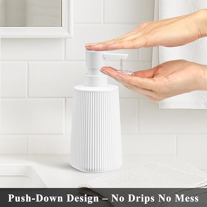 White 2 Pack Hand Soap Dispensers Set with No Rust Pump for Bathroom and Kitchen Countertops Refillable Matte Striped Plastic 8.5 oz