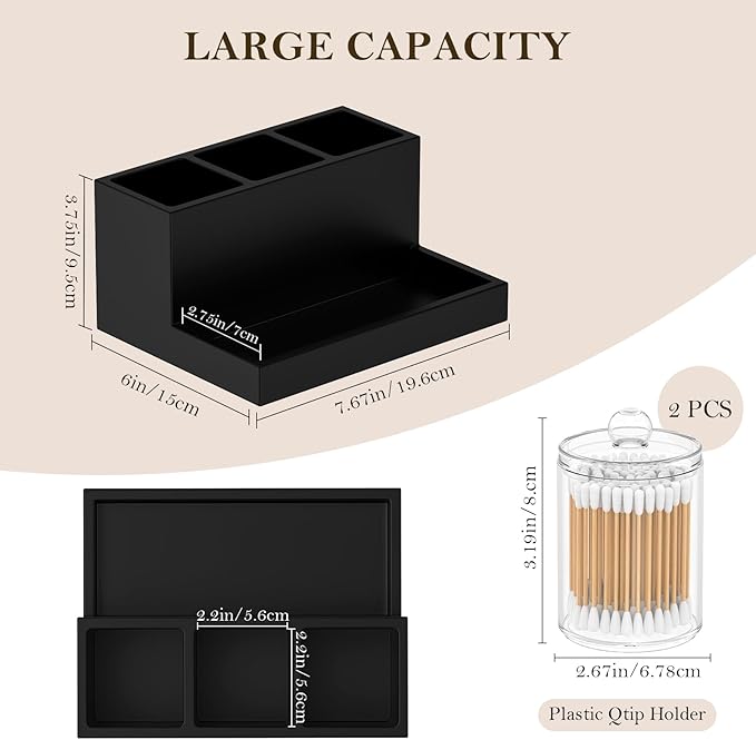 Toothbrush Holder for Bathroom with 2PCS Qtip Holder Dispenser, 3 Slot Bathroom Accessories Holder Floss Cotton Swab Holder Bathroom Vanity Tray for Oral Care Comestic Organizer Counter Storage, Black