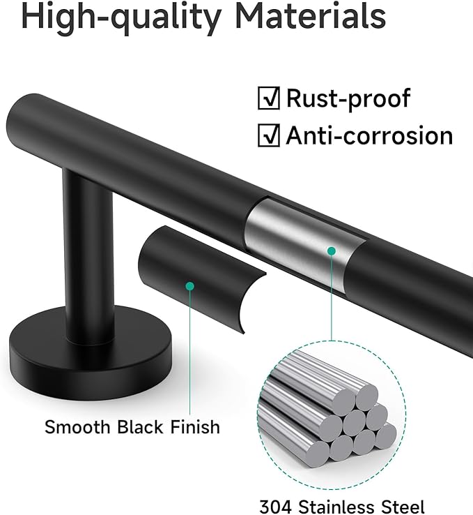 USHOWER Matte Black Towel Bar, 18-Inch Towel Rack for Bathroom Wall Mounted, Thicken SUS304 Stainless Steel Towel Rod Modern Home Decor (Total Length 20-Inch)
