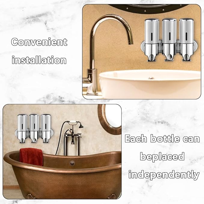 3 in 1 Chamber Wall Mounted Bathroom Shower Pump Dispenser and Organizer-Holds Shampoo, Soap, Conditioner, Shower Gel, for Bathroom Kitchen Hotel (Silver)