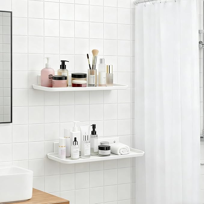 ACEXINYAN Wall Mounted Floating Shelf, Self Adhesive Shelf, No Drill Adhesive Wall Shelf, Floating Shelves Damage-Free Expand Walls Space for Living Room Kitchen Bathroom (4, White)