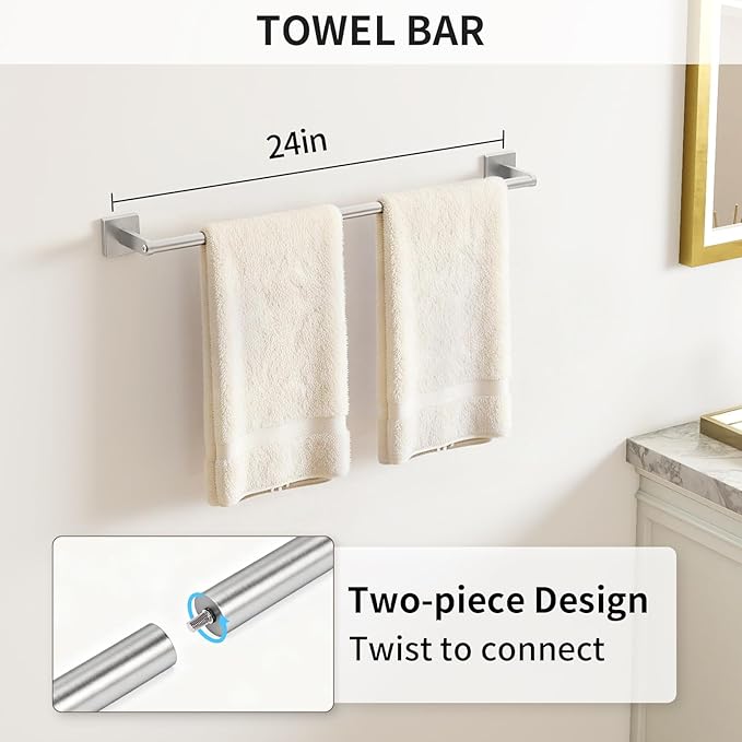 KLJKPA Brushed Nickel Bathroom Hardware Set, 24 inch Towel Racks for Bathroom, Stainless Steel Bathroom Accessories Set, Wall Mounted, 4-Piece