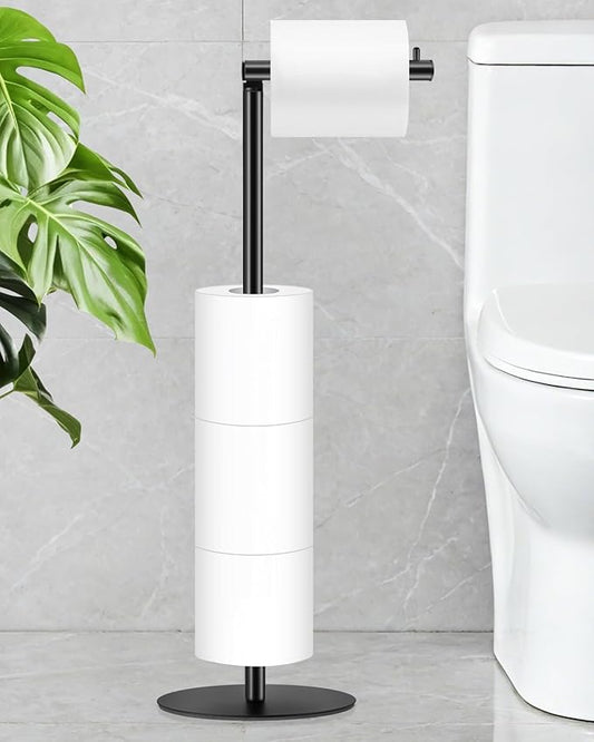 Toilet Paper Holder Stand, Bathroom Toilet Paper Stand with Shelf Hold 4 Paper Rolls, Free Standing Toilet Roll Storage Holder with Reserve, Black, Housen Solutions