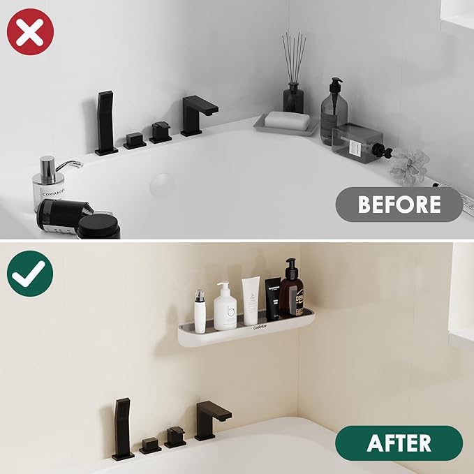 Shower Shelf with Towel Bar- Modern Bathroom Organizers Storage Self Adhesive Strong- Caddy Stick to Wall Mounted Rack- No Drilling Rustproof Plastic Acrylic White- Home Apartment