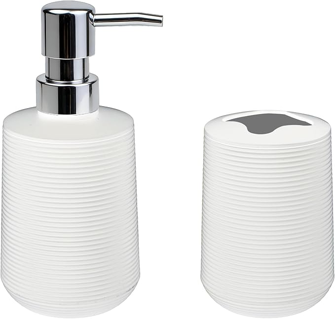 Bathroom Accessories Set, Bathroom Soap Dispenser & Toothbrush Holder Set, 2 Piece High Capacity Organizer in White, Minimalist Boho Style for Clutter Free Bathroom