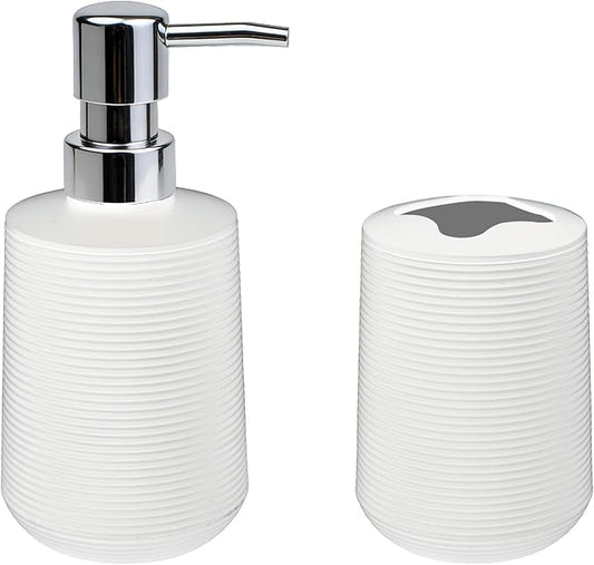 Bathroom Accessories Set, Bathroom Soap Dispenser & Toothbrush Holder Set, 2 Piece High Capacity Organizer in White, Minimalist Boho Style for Clutter Free Bathroom