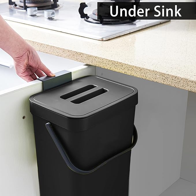 stonespace Under Sink Trash Can，Kitchen Compost Bin, Diaper Pail, 3.2 Gallon/12L Hanging Garbage Can for Baby Crib/Bathroom/Cupboard, Plastic Food Waste Bin,1 Pack Black