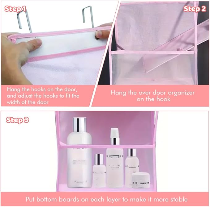 Hanging Closet Organizer, 4 Shelf Over The Door Organizer with 2 Hooks, Space Saving Behind The Door Storage Shelves for Pantry, Bathroom, Bedroom, Nursery(Color:Pink)