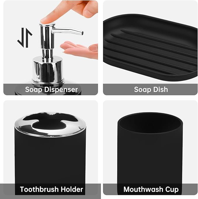 Black Bathroom Accessories Set, 6Pcs Bathroom Accessory Set Includes Toothbrush Holder, Soap Dispenser, Soap Dish, Toothbrush Cup, Toilet Brush, Trash can for Bathroom Countertop Décor