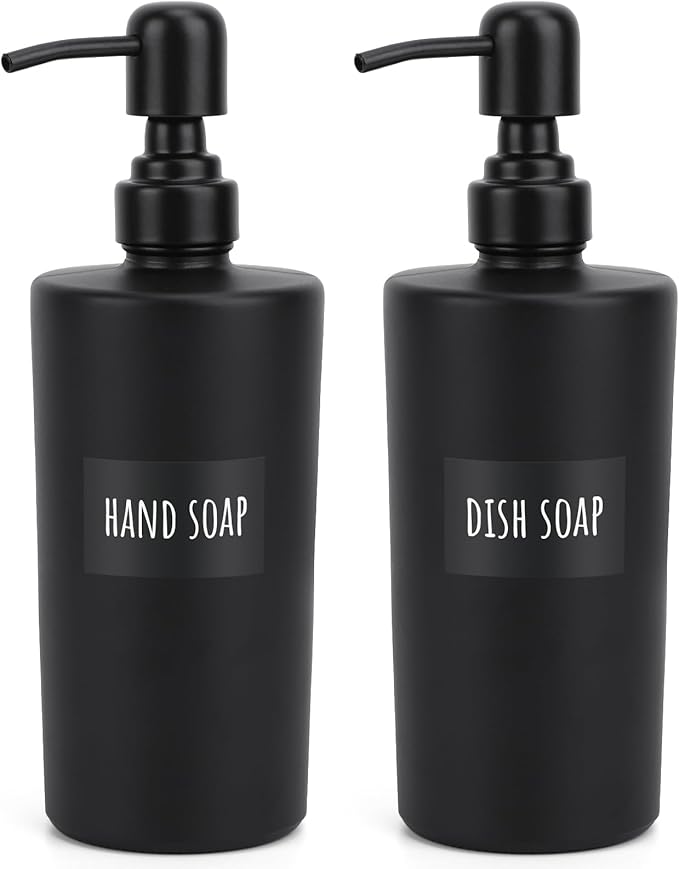 Segbeauty Glass Soap Dispenser Set, 2pcs 15.2oz Refillable Bathroom & Kitchen Dispensers, 450ml Black with Pump & Labels