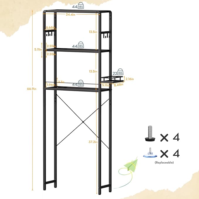 SAYGOER Glass Over The Toilet Storage Rack, 3-Tier Over-The-Toilet Storage, Adjustable Shelf Bathroom Organizer, Black Space Saving Shelves