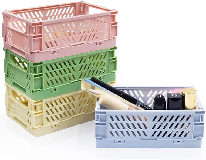 4 Pack Mini Foldable Plastic Small Baskets for Organizing and Storage, Collapsible Storage Crate for Home Bedroom Office Classroom Drawer Organizers (5.9x3.9x2.2in) Mini Size