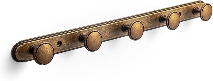 Goo-Ki Antique Brass Coat Rack Wall Mount, Heavy Duty Zinc Alloy Wall Mounted Coat Hooks with Orbit Rim Backplate, Vintage Hat and Towel Hanger Rail for Entryway, Bathroom and Mudroom (5 Hooks)