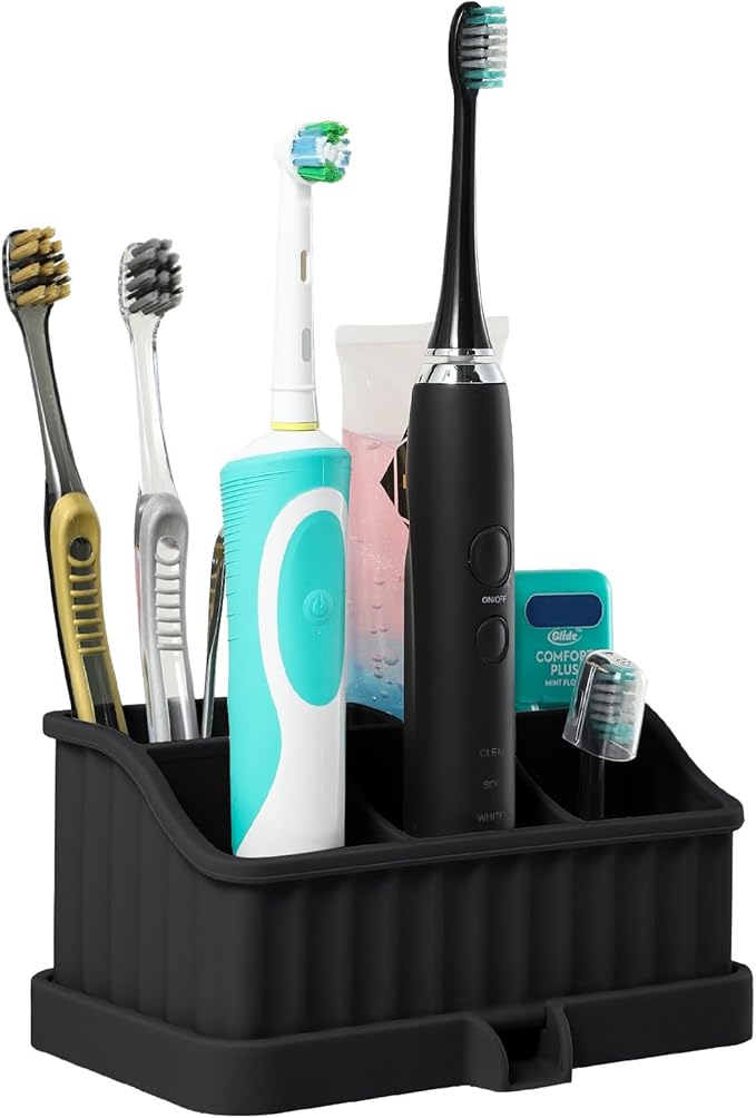 Silicone Toothbrush Holders for Bathrooms, 5 Slots Detachable Toothbrush and Toothpaste Holder, Bathroom Counter Organizer and Storage (Black)