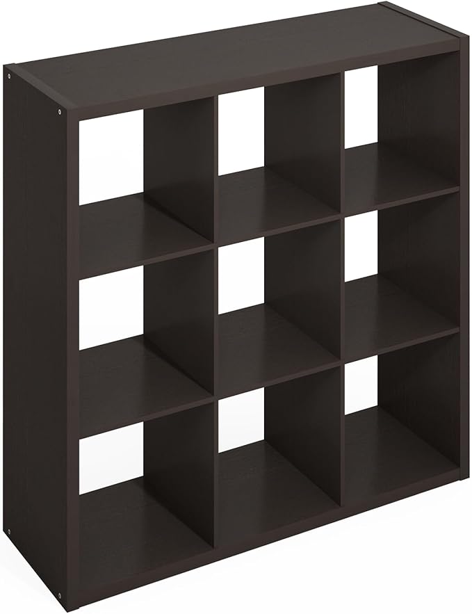 Furinno Simple Cube Storage Organizer, 9-Cube Display Shelf, Open Back Shelving Unit, Storage Shelves, Extra Thick Frame, for Organization and Storage, Living Room, Home Office, Black Dark Oak