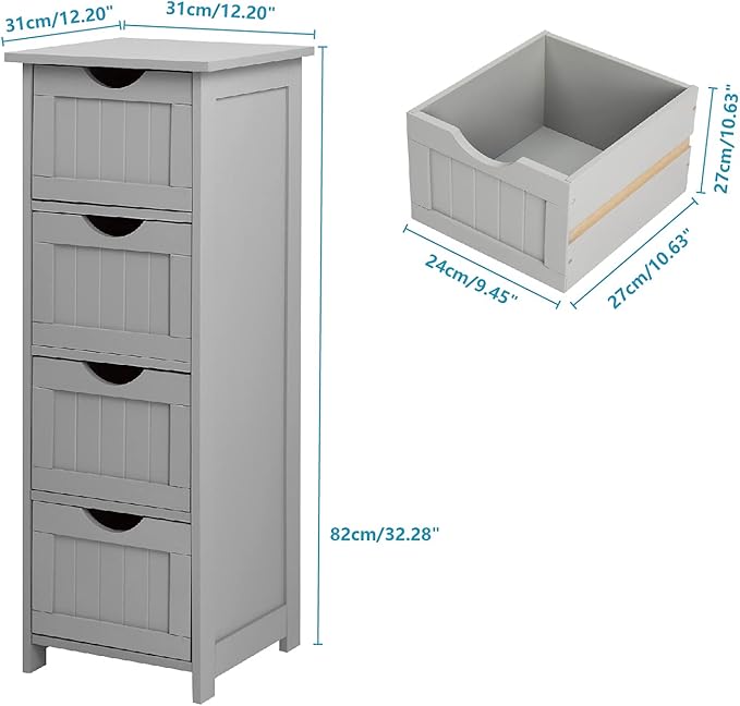 VINGLI Gery Bathroom Storage Cabinet with 4 Drawers Wooden Freestanding Slim Bathroom Floor Cabinet Small Side Organizer Storage Unit for Restroom Livng Room Kitchen Office Hallway Entryway