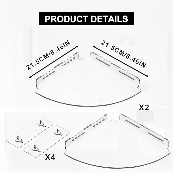 2 Pcs Acrylic Shower Caddy Corner Shelves for Bathroom Wall Mounted Floating Shower Organizer Corner Shelf No Drilling Storage Organizer Wall Shelf for Bathroom, Home Decor, Kitchen, Bedroom, Toilet