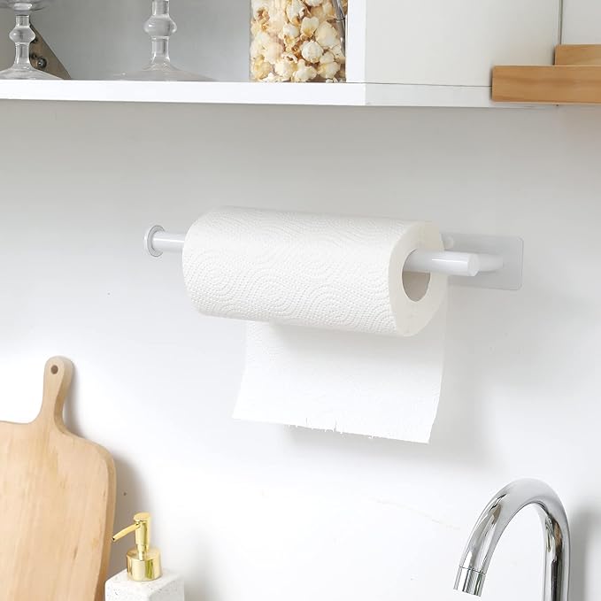 theaoo White Paper Towel Holder - Under Cabinet Paper Towel Holder for Kitchen, Adhesive Paper Towel Roll Rack for Bathroom Towel, Wall Mounted Matte Black Paper Towel Rack, SUS304 Stainless Steel