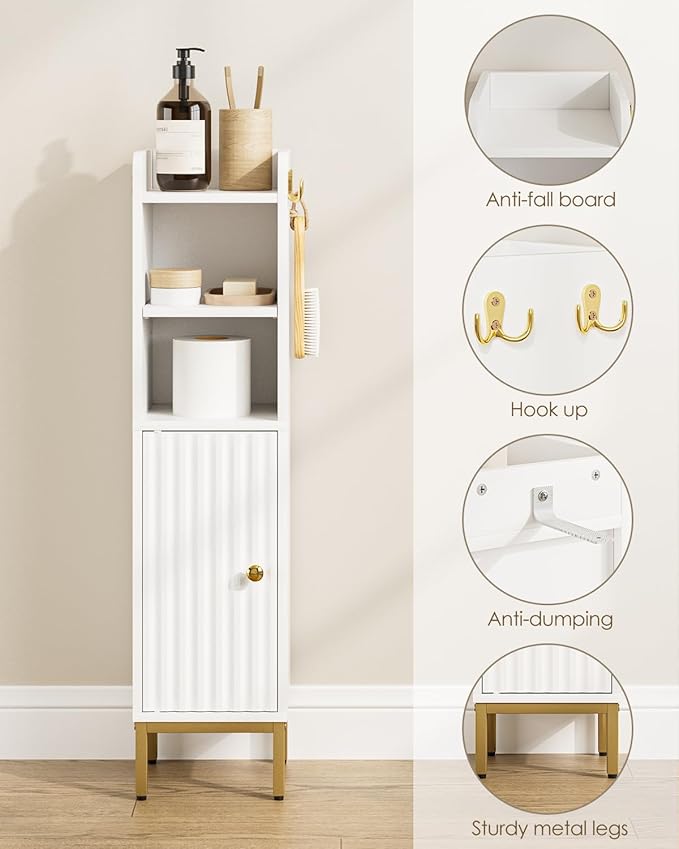 Bathroom Storage Cabinet, Small Corner Floor Hutch with Door and Shelves, Narrow Toilet Paper Cabinet, Bathroom Organizer with 2-Tier Adjustable Shelf for Small Spaces,White